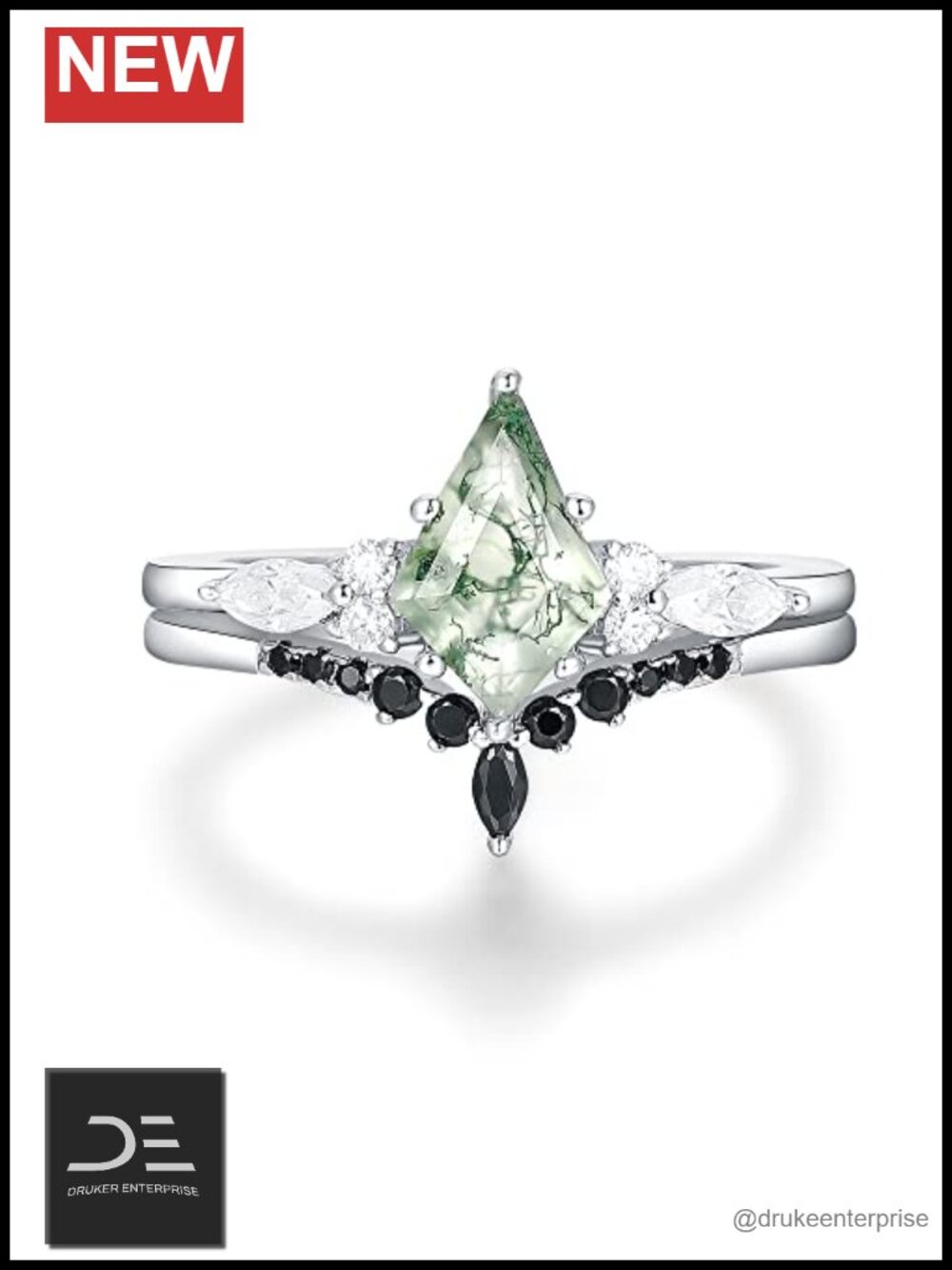 Moss Agate Wedding Ring Set 925 Silver Plated Platinum Bridal